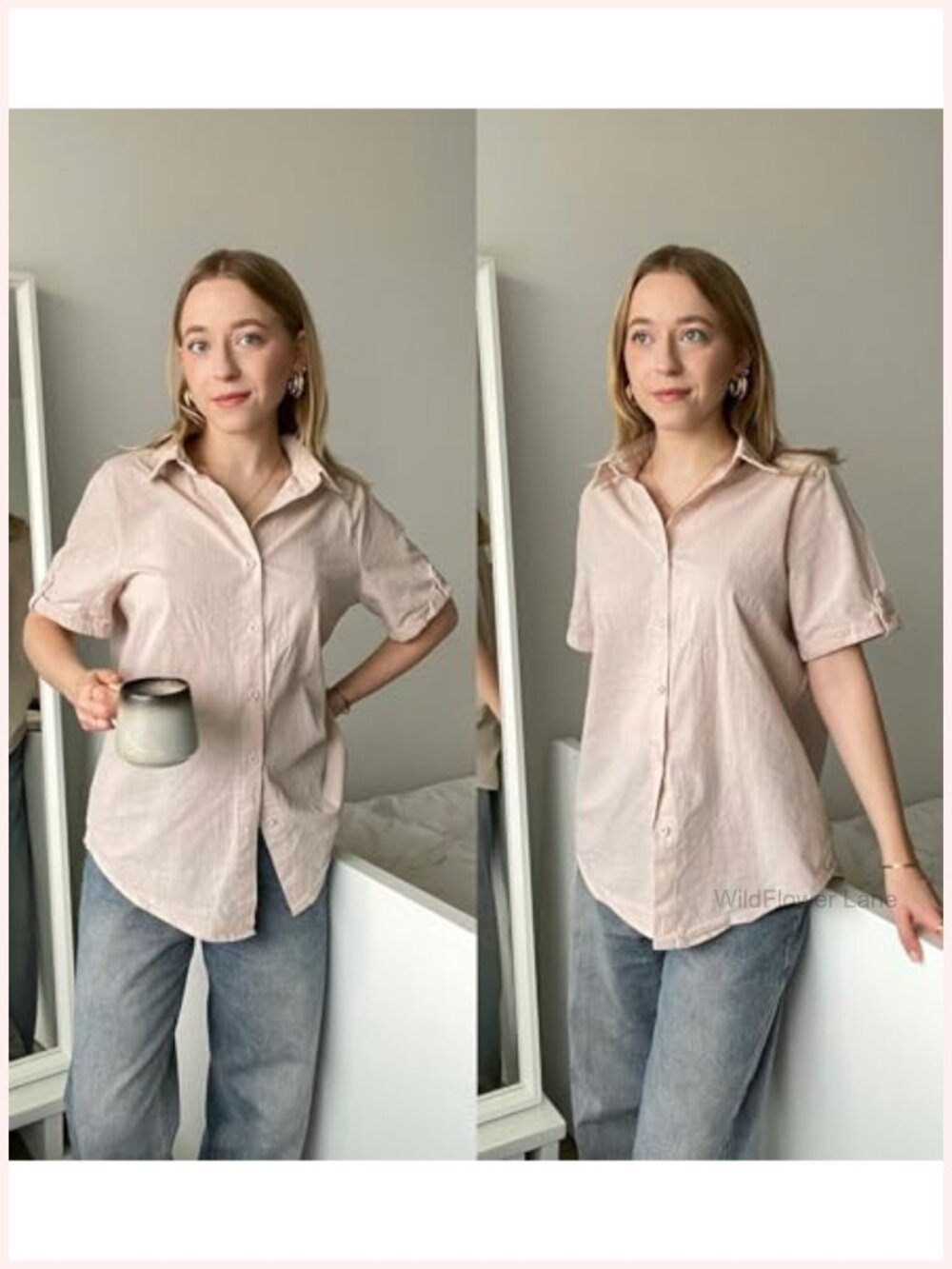 Zeagoo Women Cotton Linen Button Down Shirt Cuffed Short Sleeve V Neck Blouse - Picture 2 of 6